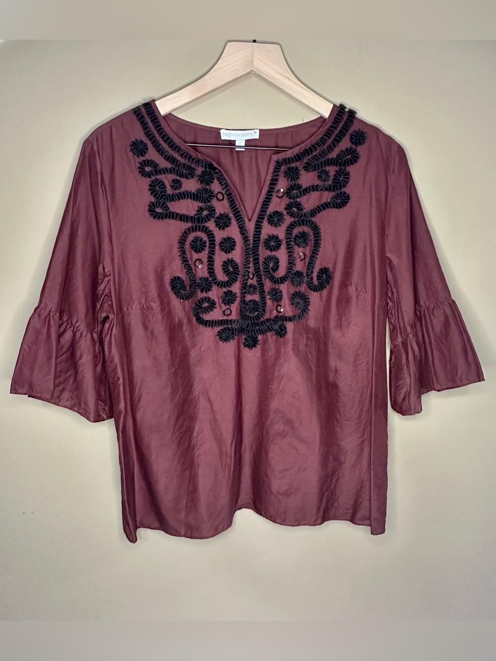 RSVP by Talbots Burgundy Silk Blend Embroidered Bell Sleeve Top L